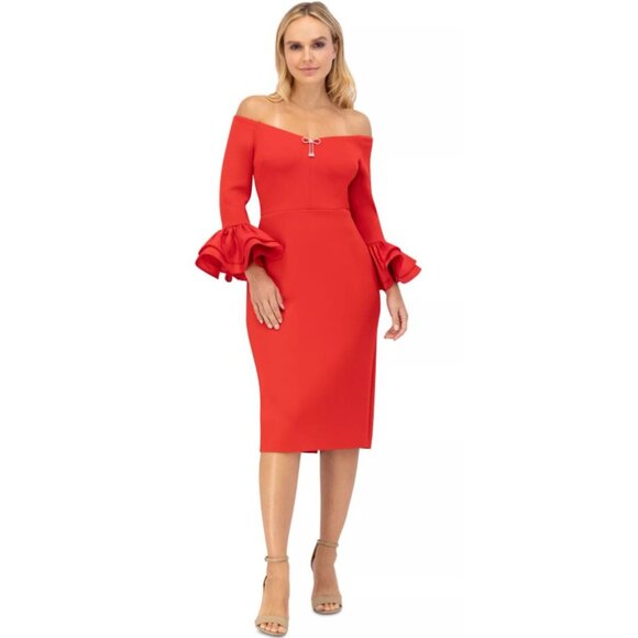 Eliza J Red Ruffled-Cuff Off-The-Shoulder Cocktail Dress - SZ 4 - NWT - Picture 2 of 13